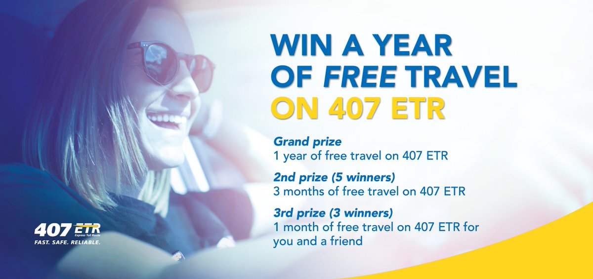 407ETR's tweet photo. Win a year of free travel on 407 ETR! Switch to 407 ETR paperless billing and pre-authorized payment and you could win a year of free travel on 407 ETR or one of these amazing travel prizes. Retweet this tweet for an extra entry! https://t.co/RI77Z0l4U1 https://t.co/8vaJr510UQ