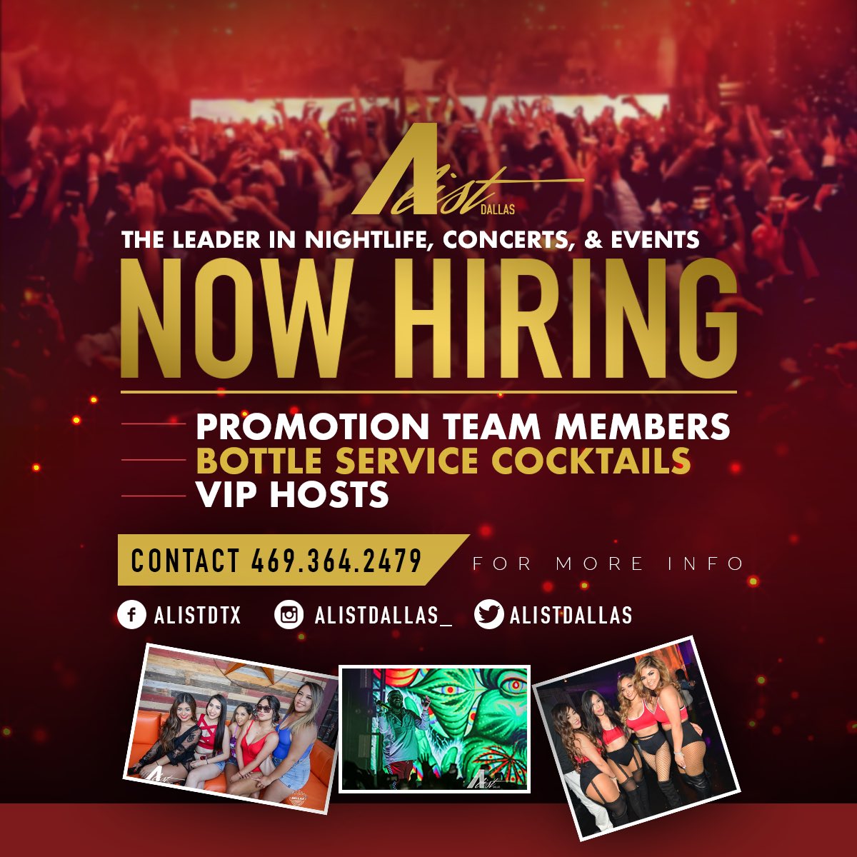 WhoTfIsChucky's tweet photo. A-LIST DALLAS is growing and we’re looking for outgoing motivated individuals to join our team. If your outgoing, social media savvy & want to get paid to have fun, reach out to us. Message Me @ (469)364 2479 #AlistDallas #StarsNSpirits #StatusDallas #GasMonkeyLive #RepublicRanch https://t.co/hQBCcTSNCq