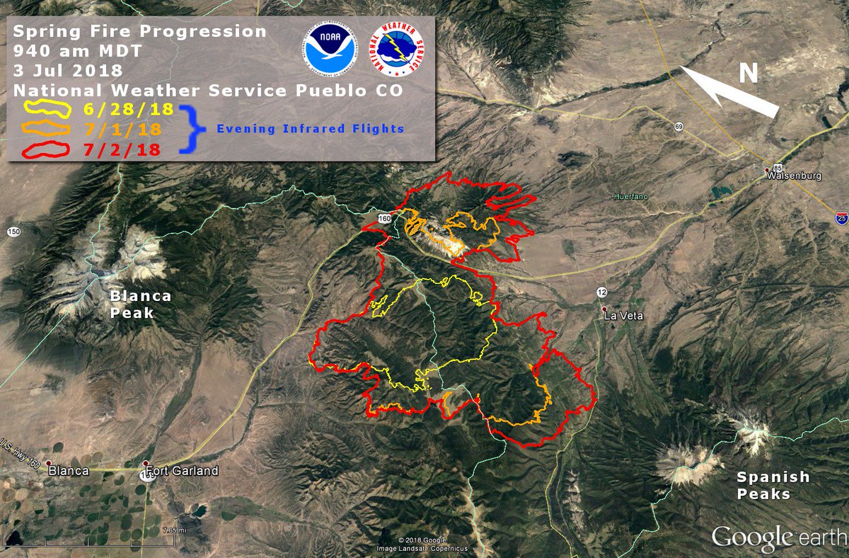 NWSPueblo's tweet photo. #SpringFire Wildfire progression over the past few days...note some days are missing due to no perimeter air flights over the wildfire, and flights were in the evening. #cowx #cofire #nws https://t.co/2fly5DkEHE