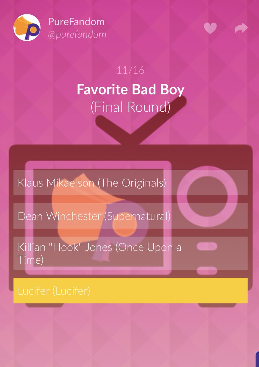 myterpfanera88's tweet photo. Vote #Lucifer for Favorite Bad Boy in the #PureFandomAwards https://t.co/SKELj6ZNRi https://t.co/L6TE7SMKqT