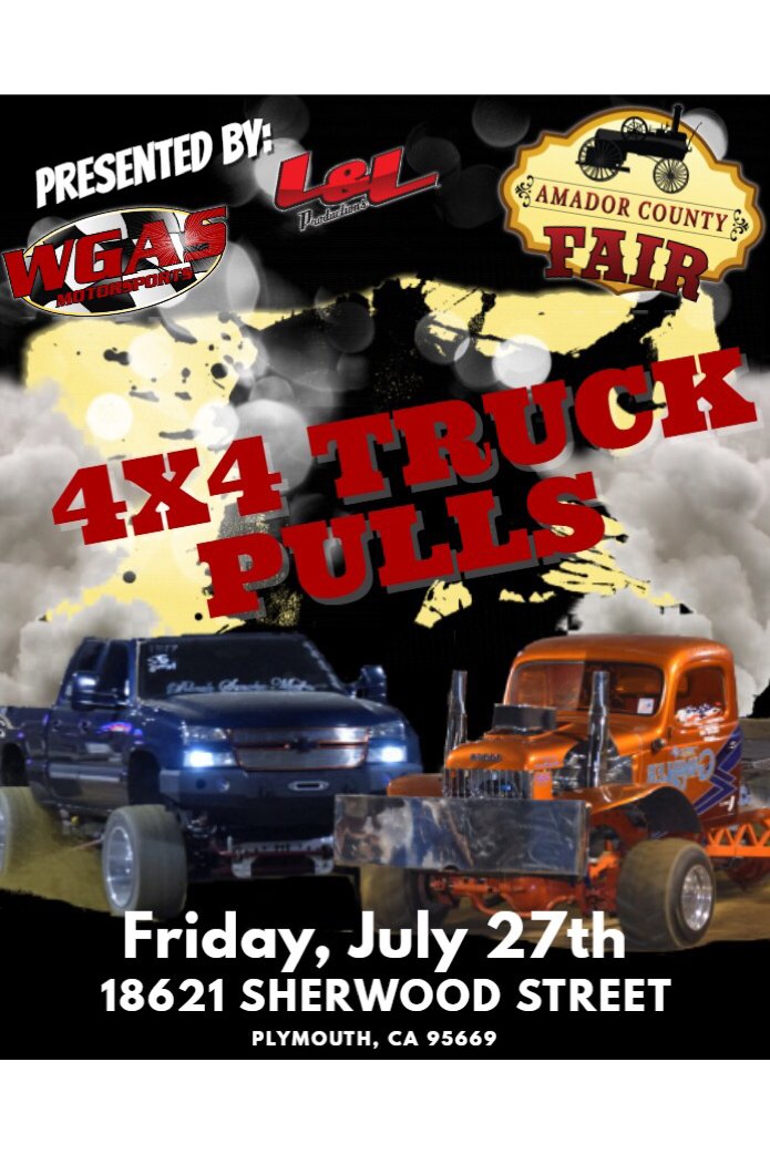 Friday, July 27th 7 pm

Tickets for the 4x4 Truck Pulls are on sale now.

ow.ly/BkAB30kM6nI

Think your truck has what it takes to play with the big boys....  Sign ‘er up!

ow.ly/6Ao030kM6nH