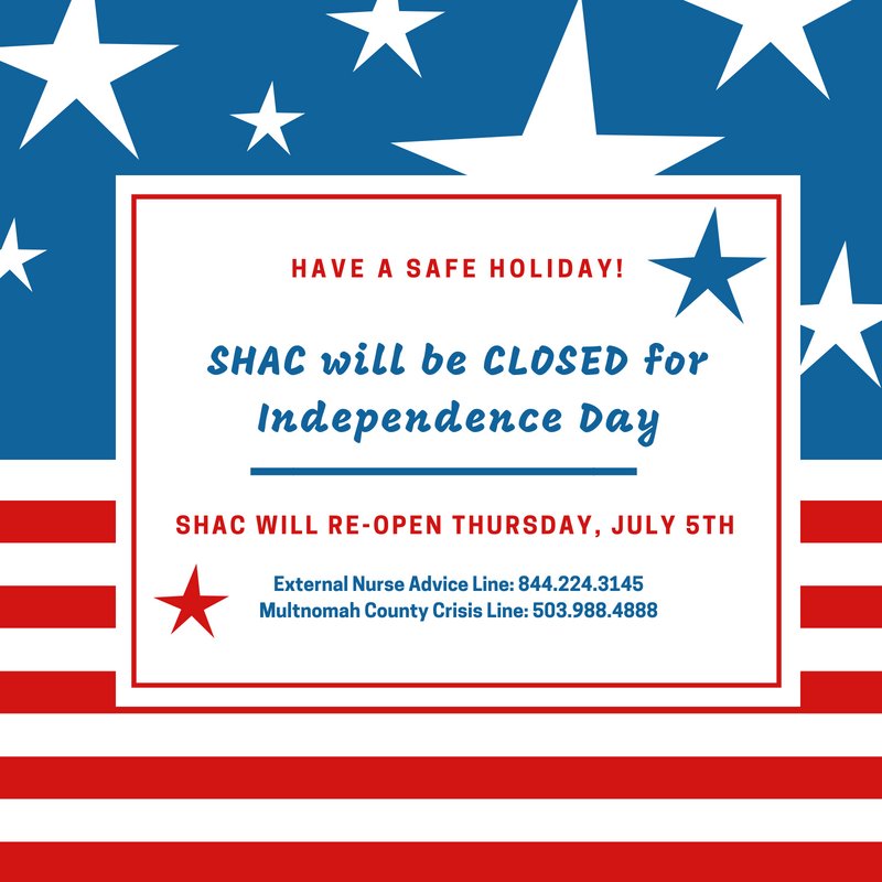 SHAC will be CLOSED tomorrow in observance of Independence Day and will re-open Thursday, July 5th. Have a safe holiday!