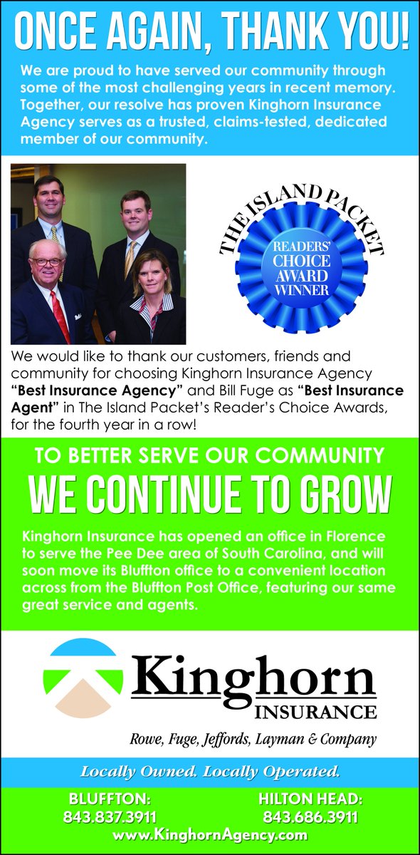 paigeduewel's tweet photo. Congratulations for @KinghornAgency for winning the #islandpacketreaderschoiceaward for #kinghorninsurance #bestinsurancecompany and for @bfuge for winning #bestinsuranceagent 2018! https://t.co/aaydQXvhfd