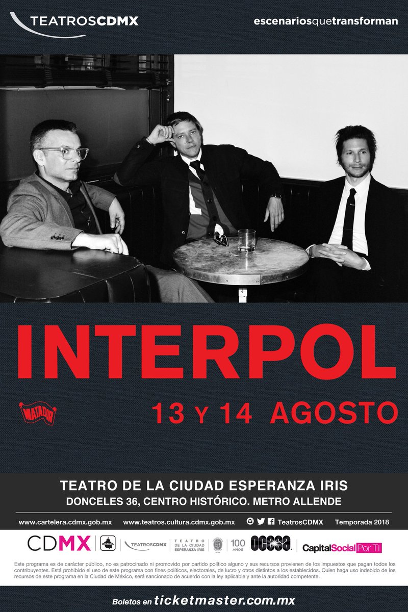RevistaST's tweet photo. yeah!!!!! Interpol regresa a México el 13 y 14 de agosto en el  Teatro de la Ciudad 🚨 
Venta a partir del 6 Julio. https://t.co/OgdsOhM1Az