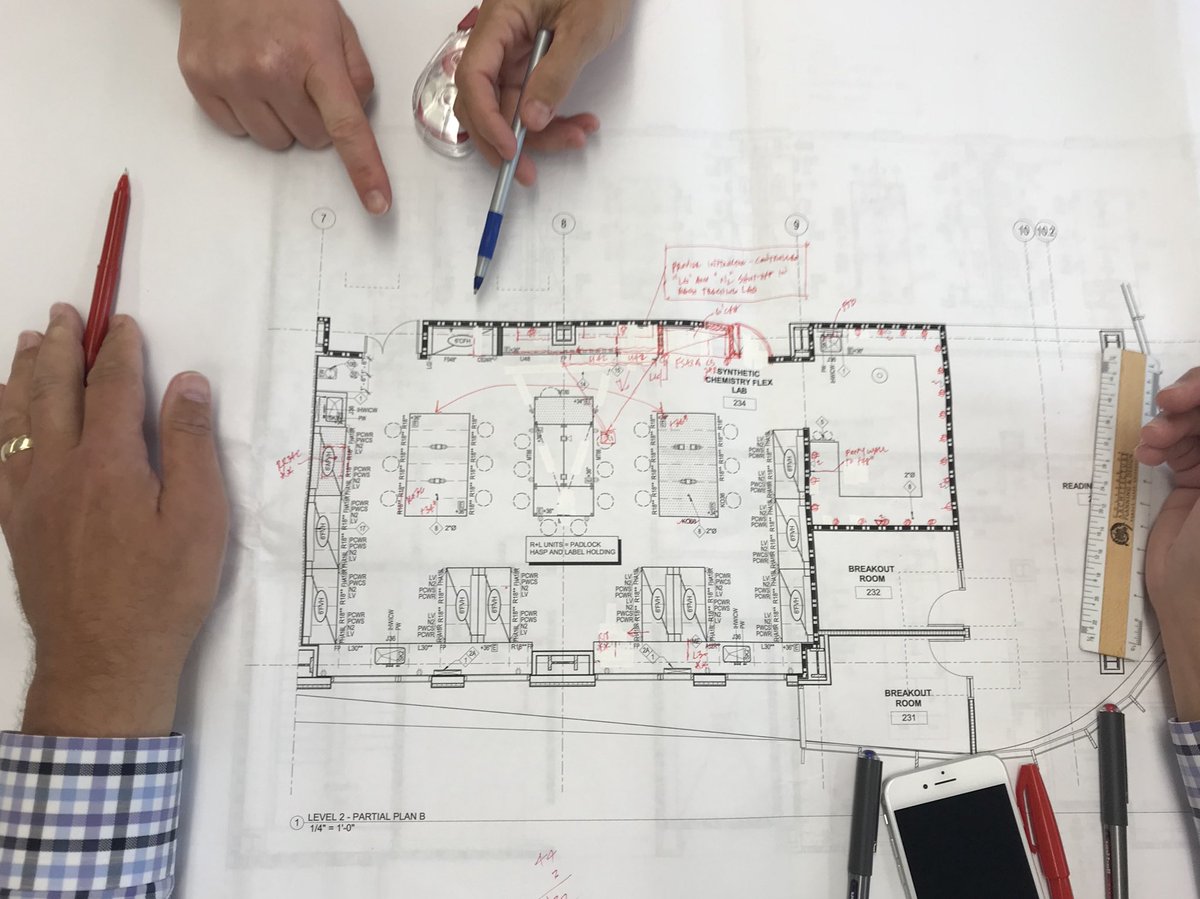 SciDeanKaufman's tweet photo. Getting into excruciating detail - nuts & bolts, power and drawers, fume hoods and sinks - in two all-day lab planning meetings. #SJSU #ISB #newsciencebuilding https://t.co/033oATymS0