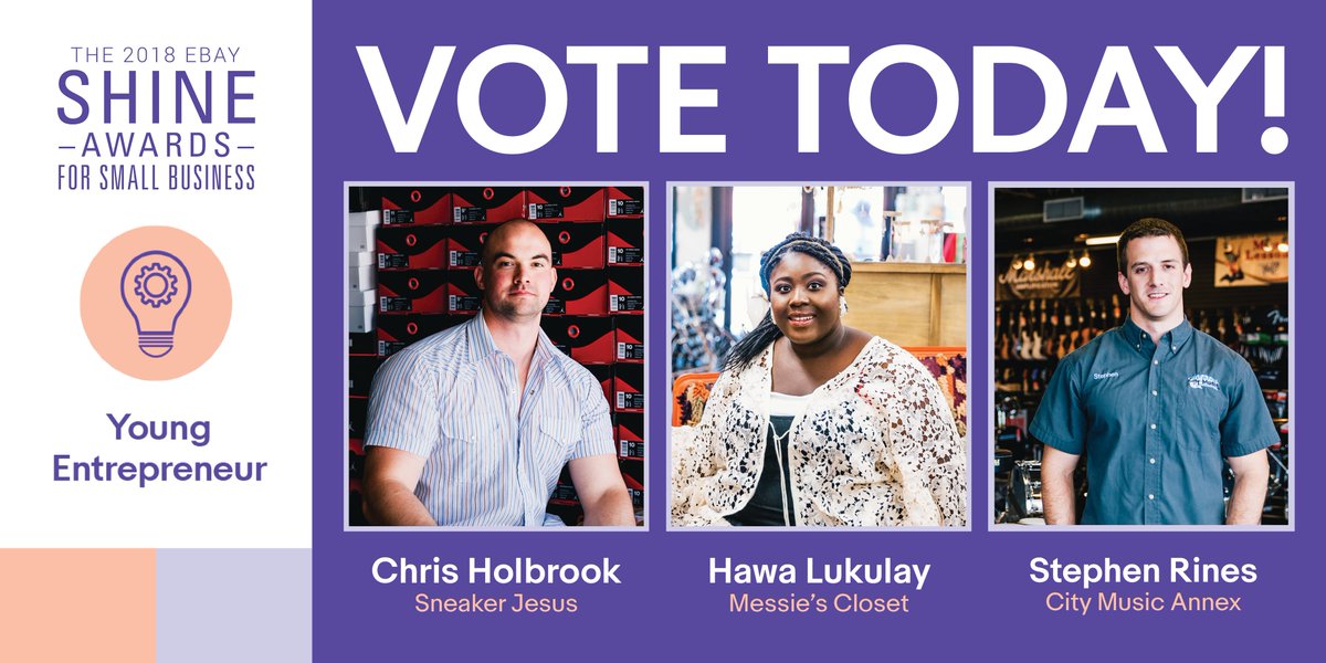 eBayNewsroom's tweet photo. Voting is underway in the #eBayShineAwards! Check out how the Young Entrepreneur finalists – all under the age of 35 – are building successful @eBay businesses online. https://t.co/jZ0iT7I7fZ https://t.co/TppJS2k7C3
