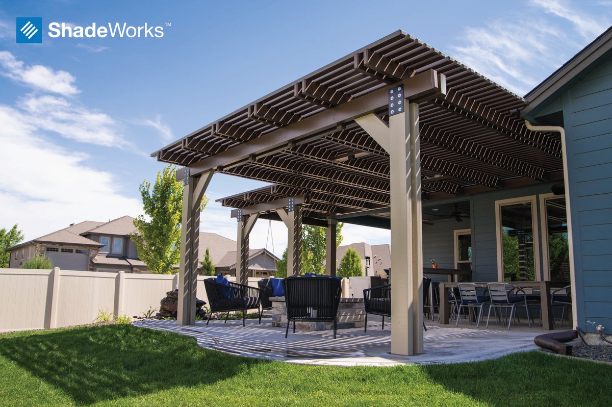 ShadeWorks_com's tweet photo. Tired of your patio space being unusable? A MOCKWOOD™ pergola will provide shade all summer long, meaning you can actually spend time outside enjoying your patio instead of hiding inside from the heat! Learn more at https://t.co/mlCq2DmK04 and get started with a FREE estimate. https://t.co/0cy09Z2dTc