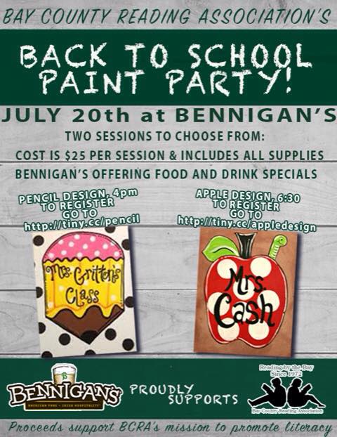 BayCoReadAssoc's tweet photo. BCRA is hosting a Back to School paint party at PC Mall Bennigan's to promote literacy. All supplies provided-food and drink specials.  RSVP using these Eventbrite links. $25 per session--sign up for both: double the fun! https://t.co/FUtLkm01KT