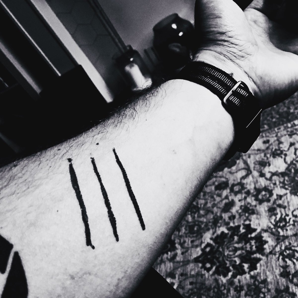 julianf1972's tweet photo. The tension is building. New tattoo for the England game tonight... #worldcup #3lines #baddielandskinner @Baddiel https://t.co/Nfmr3IJLug