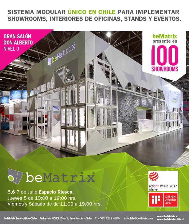 bematrixchile's tweet photo. Único sistema beMatrix en Chile, rápido, fácil, reutilizable y versátil presente en la próxima exhibición 100 Showrooms este 5, 6 y 7 de Julio en Espacio Riesco/The only beMatrix system in Chile present in the next exhibition 100 Showrooms this 5,6 and 7 of July in Espacio Riesco https://t.co/MSrfwfKPuU