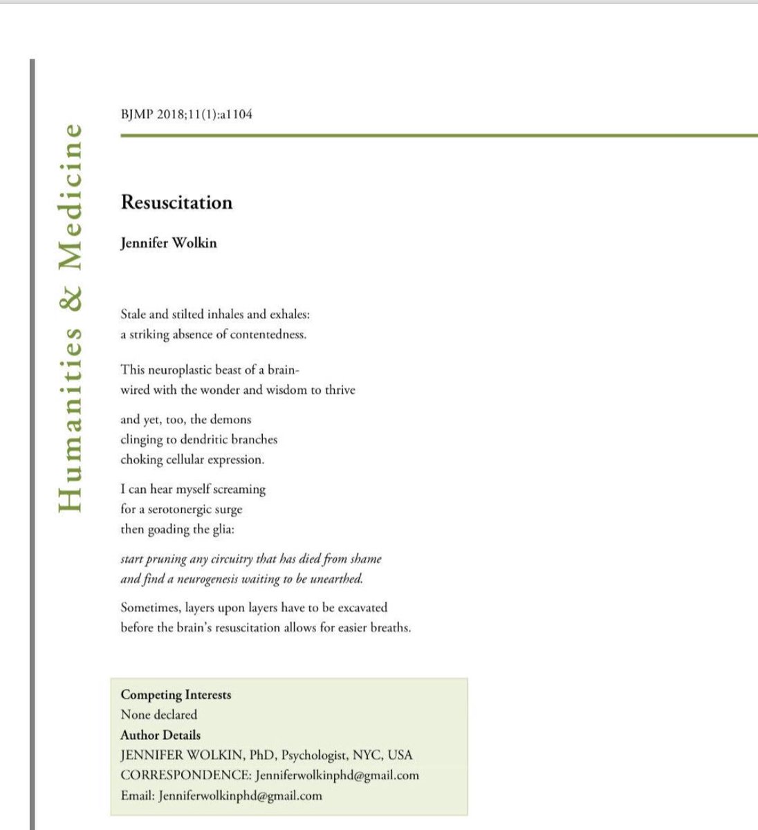 drjenwolkin's tweet photo. A reprise of “Resuscitation” for all those aspiring #neuropoets out there! Thank you again to #bjmp for publishing. #scienceandhumanities. This poem is also featured in my #PTSD awareness ebook! #amwriting #neuroscience #poetry Link:  https://t.co/gfJgS69quI https://t.co/FrVvyzbhPM