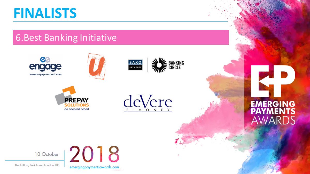 EPAwards's tweet photo. Well to our Best Banking Initiative finalists!
@engage_account
@UKDeVere
@uaccount
@bankingcircle
@prepaysolutions

#EPAwards18 https://t.co/1vo02XTysN