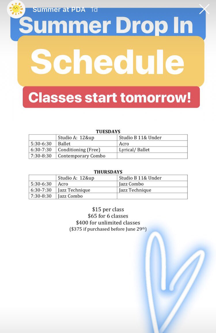 Summer Drop in classes at Premier Dance Academy! Classes run Tues July 3rd to Thurs Aug 30th! Let’s dance! 💙☀️