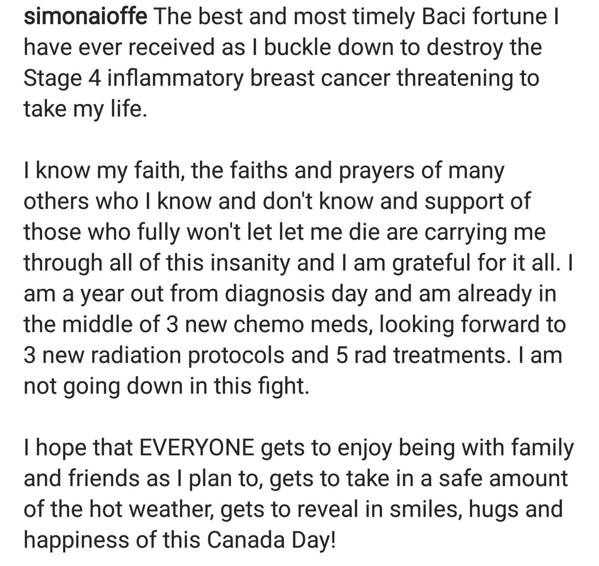 simonaioffe's tweet photo. The best and most timely Baci fortune I have ever received as I buckle down to destroy the Stage 4 inflammatory breast cancer threatening to take my life. #fuckCancer https://t.co/hUcsZAyBc6