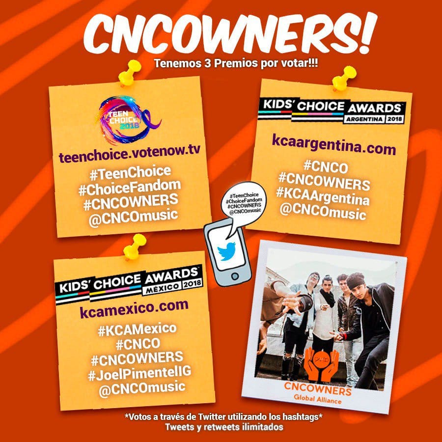 CncoCba_'s tweet photo. CNCOwners! Tenemos 3 premios por votar 👇👇👇
- Teen Choice Awards
- Kids Choice Awards México
- Kids Choice Awards Argentina 
Vamos 💪

#KCAArgentina #CNCO #CNCOWNERS @CNCOmusic https://t.co/lANHbCd8uv