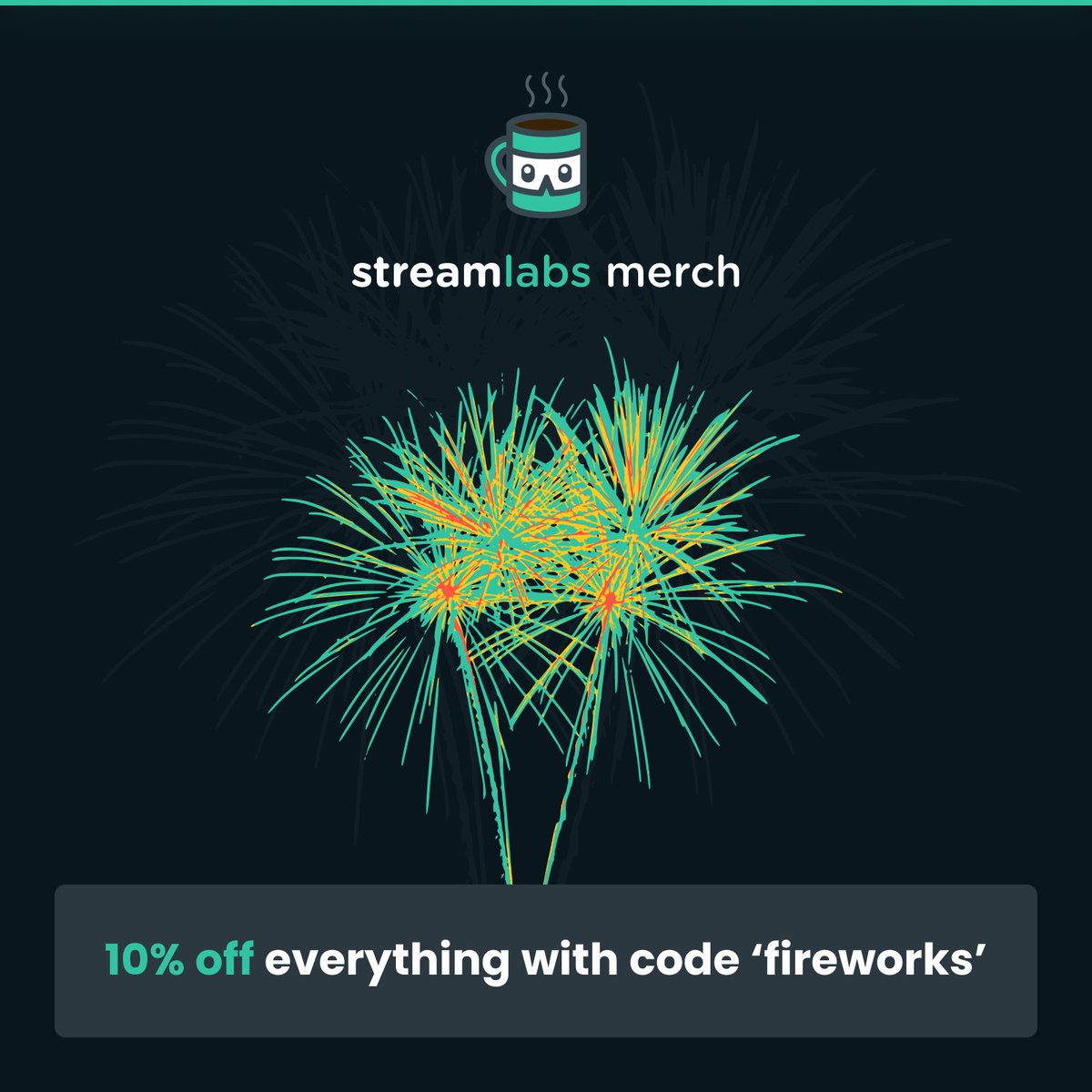 streamlabs's tweet image. Great news, we will be running 10% off ALL streamer&apos;s merch now through 11:59PM July 4th
Light up the sky...and your favorite streamers alert box, when you use code &quot;fireworks&quot; at merch checkout! 🎆