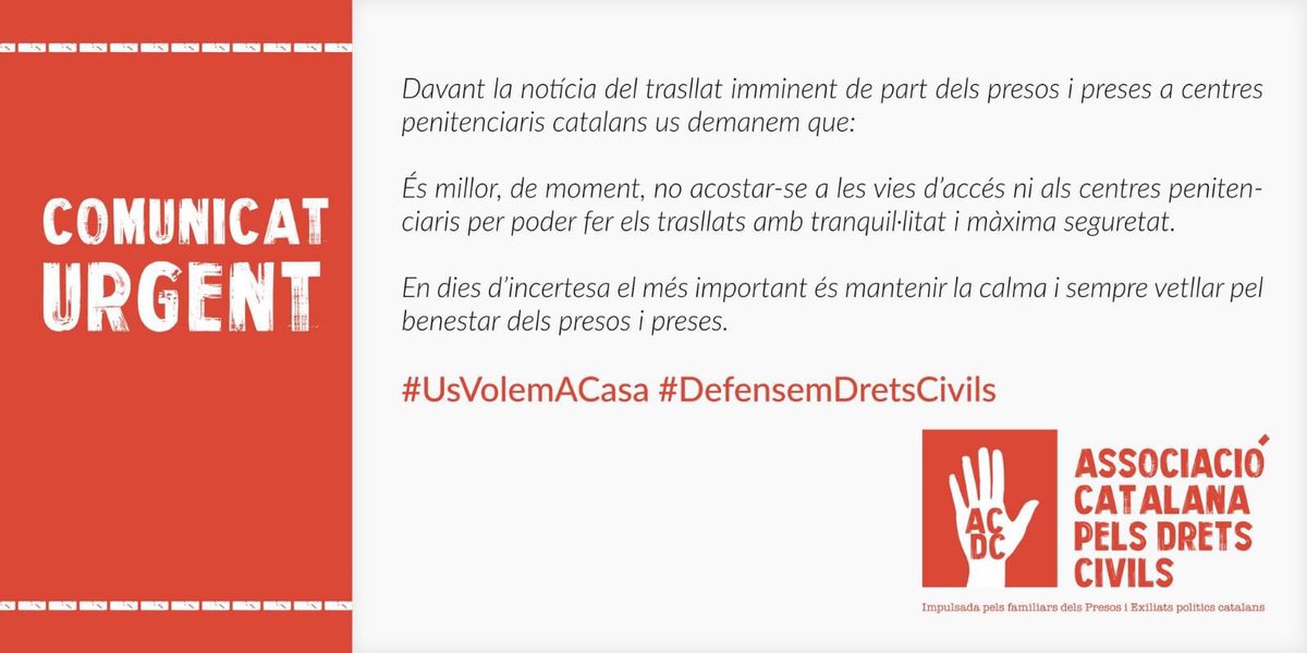 Famílies i defenses demanem que  només es segueixin les concentracions coordinades per Òmnium i ANC

Per la seguretat del propis presos i la garantia del trasllat sense incidents que ningú vagi a les vies d'accés ni a les presons mentre durin els trasllats

Gràcies pel suport !!