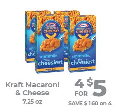 Kraft Macaroni and Cheese are 4 for $5! Dinner made simpler and the kids will love it.