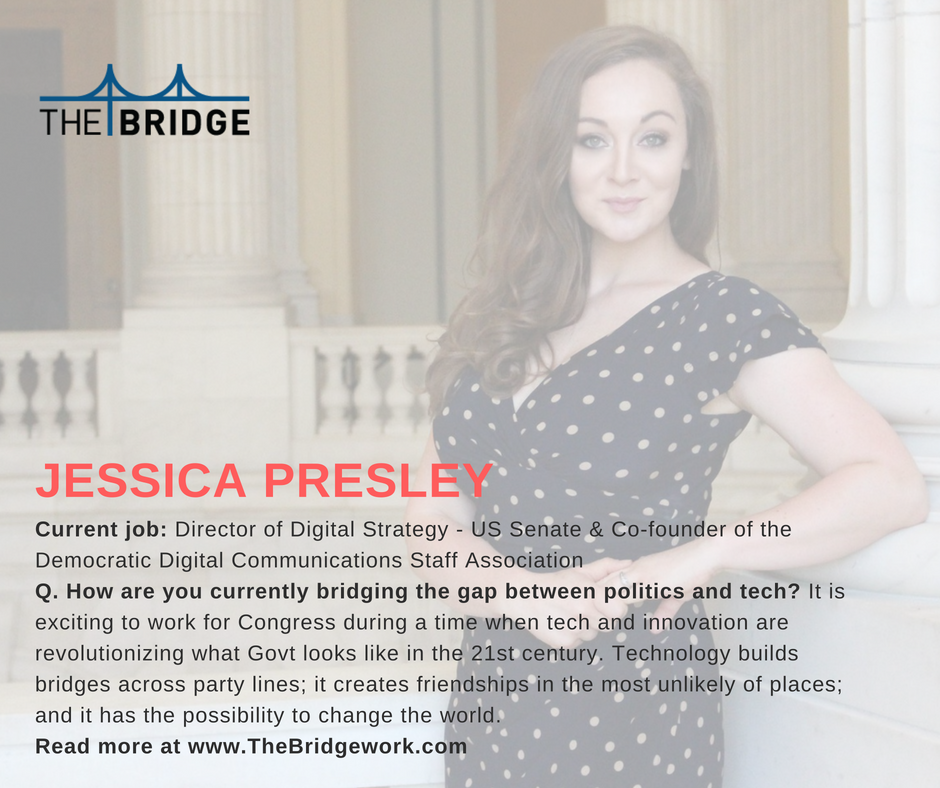 TheBridgeWork's tweet photo. Today's #TheBridgeProfile is with Jessica Presley, Director of Digital Strategy in the US Senate &amp; Co-founder of the @DemsDigital. 
Check it out on TheBridge Profiles Page: 
https://t.co/fK8I8EP7LL https://t.co/DAa8zb1Luo
