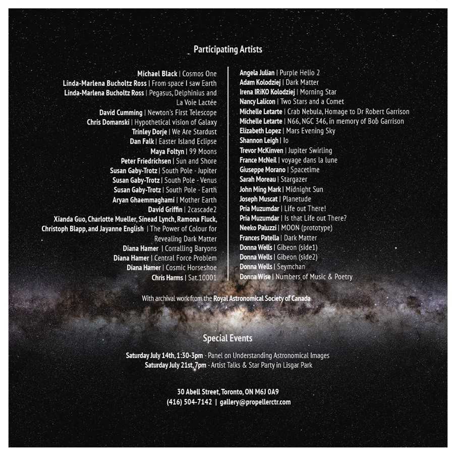 rasc's tweet photo. We invite you to @PropellerTO Gallery & visit the "Out of This World" Art Exhibit which opens tomorrow and runs till July 22. The Juried Group exhibition celebrates all astronomy-related artwork for our #RASC150 anniversary. Learn more: https://t.co/lTmPY8jq20 #astronomy #art https://t.co/Vi8MNsn4mk