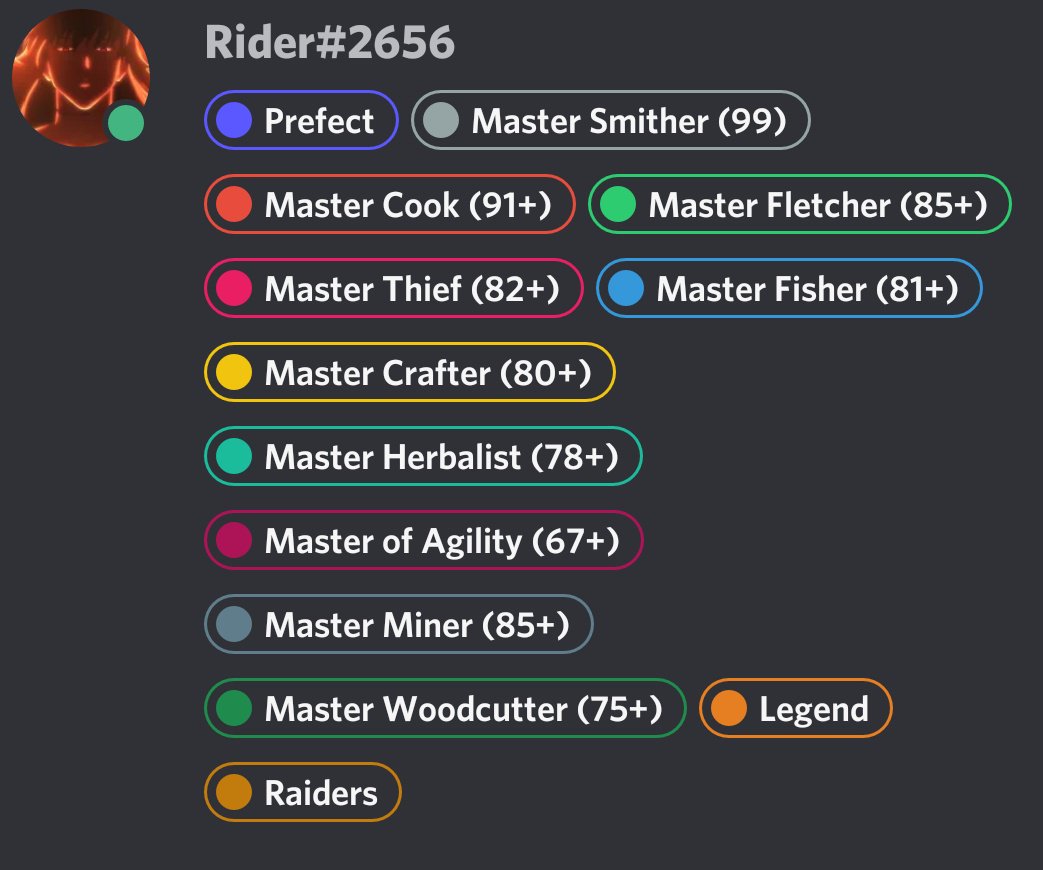 RSC_Shadows's tweet photo. Congratulations to Rider for attaining all of the master skiller roles in the clan! Thanks for supporting the clan by providing your services to other members! https://t.co/vrSiY26AMV