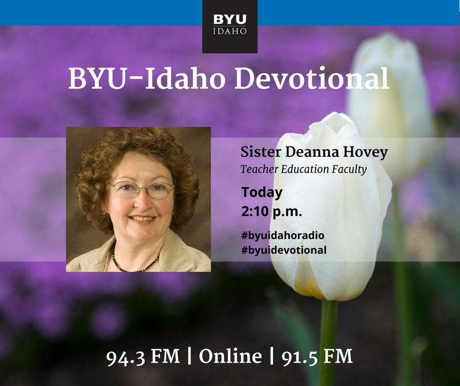 byuidahoradio's tweet photo. Don't miss today's #BYUIDevotional with Deanna Hovey. Tune in live at 2 on 94.3, 91.5, 88.3 FM or https://t.co/X2J7ChX2A5. #BYUIdaho https://t.co/pzBnhDFmYk