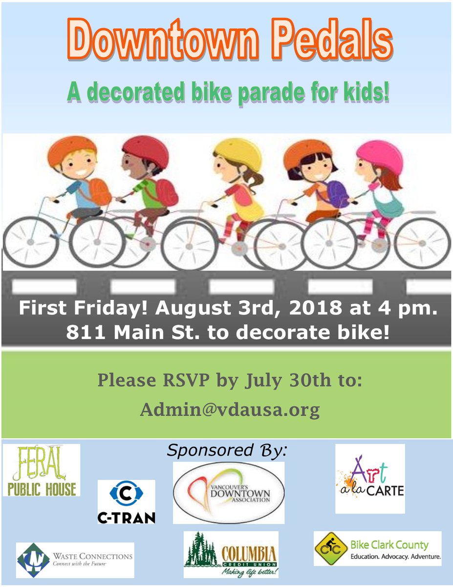 Vanc Dwntwn Assoc (@vdausa) on Twitter photo Downtown Pedals- A decorated bike parade for kids!
August 3rd at 4 pm- starting at 811 Main Street
RSVP to admin@vdausa.org by July 30th, 2018 Downtown Pedals- A decorated bike parade for kids!
August 3rd at 4 pm- starting at 811 Main Street
RSVP to admin@vdausa.org by July 30th, 2018