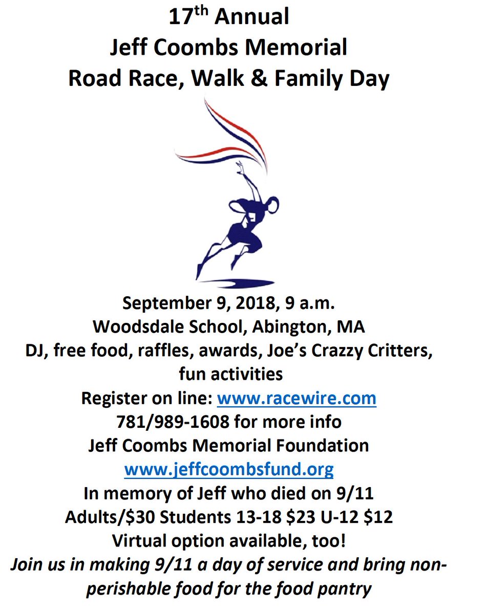 jeffcoombsfund's tweet photo. Join us Sept. 9! Lace up your running or walking shoes for a really fun event for a great cause! #jeffcoombsfund #nationaldayofservice #NeverForget https://t.co/lYKF1cOPIp