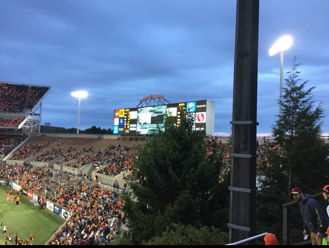 viewfromrow77's tweet photo. @chattydan101 @brianeriksen @ZackLassiter @BeaverAthletics Yes please. Trim the trees (or like a good Beaver, cut them down!). We have been season ticket holders for 15 years and the trees are now blocking the view of the replay board! @OregonState @BeaverFootball #LittleHelpPlease https://t.co/gyln7DuSiv