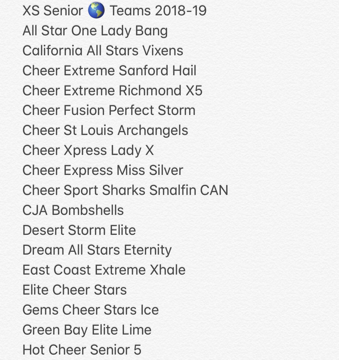 worldsbids's tweet photo. Here’s an updated list for 🌎 Extra Small Senior 5 teams for the 2018-19 season. Whoa! This division has 34 teams already! Who else is competing in XSS5? @CheerTheory @cheerUPDATES @TheRoadToWorlds https://t.co/fbTGUAGXin