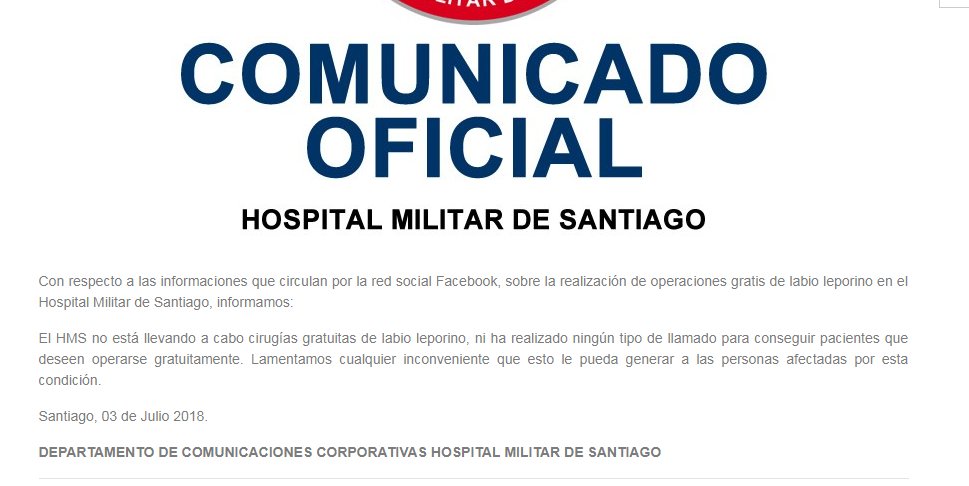 ChileCheck's tweet image. #AlertaChileCheck Está circulando un mensaje que indica que el Hospital Militar realizaría cirugías gratis a pacientes con labio leporino o paladar hendido pero es falso. Aquí la declaración de la institución hms.cl/?p=2388