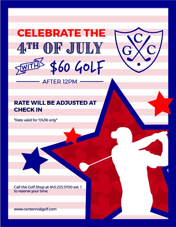 Celebrate the 4th with our $60 special after 12pm!  Call the Golf Shop now at 845.225.5700 ext. 1 to make your tee time now! #troon #centennialgolfclub
