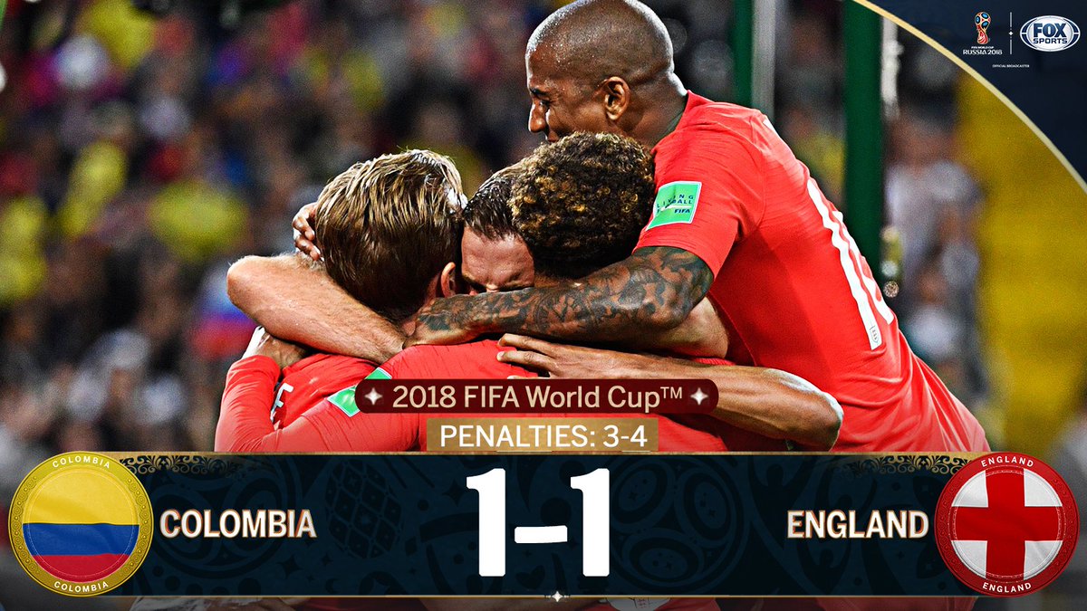 FOXSoccer's tweet image. ENGLAND ADVANCE!

They beat Colombia 3-4 in penalties to go to their first quarterfinal since 2006!