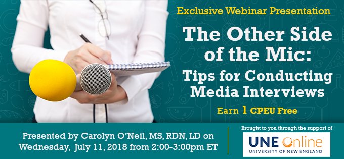 TodaysDietitian's tweet photo. Former @CNN executive producer and correspondent, RDN @carolynoneil shares tips for successful interviewing from the other side of the mic in this exclusive webinar. Register at https://t.co/4ZncMDNPmC. FREE courtesy of @UNE_Online. https://t.co/8hWWK0hX4V