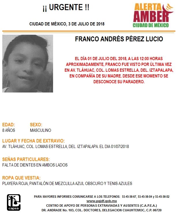 FiscaliaCDMX's tweet photo. Se activa #AlertaAmber para localizar a Franco Andrés Pérez Lucio, extraviado en la Col. Lomas Estrella, Del. Iztapalapa https://t.co/HSF0hrtfql