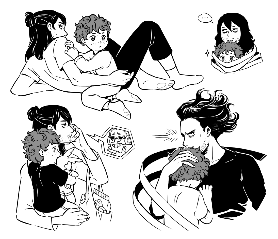 dadzawa sketchdump: 1. deku kneels next to a bored aizawa, looking worried....