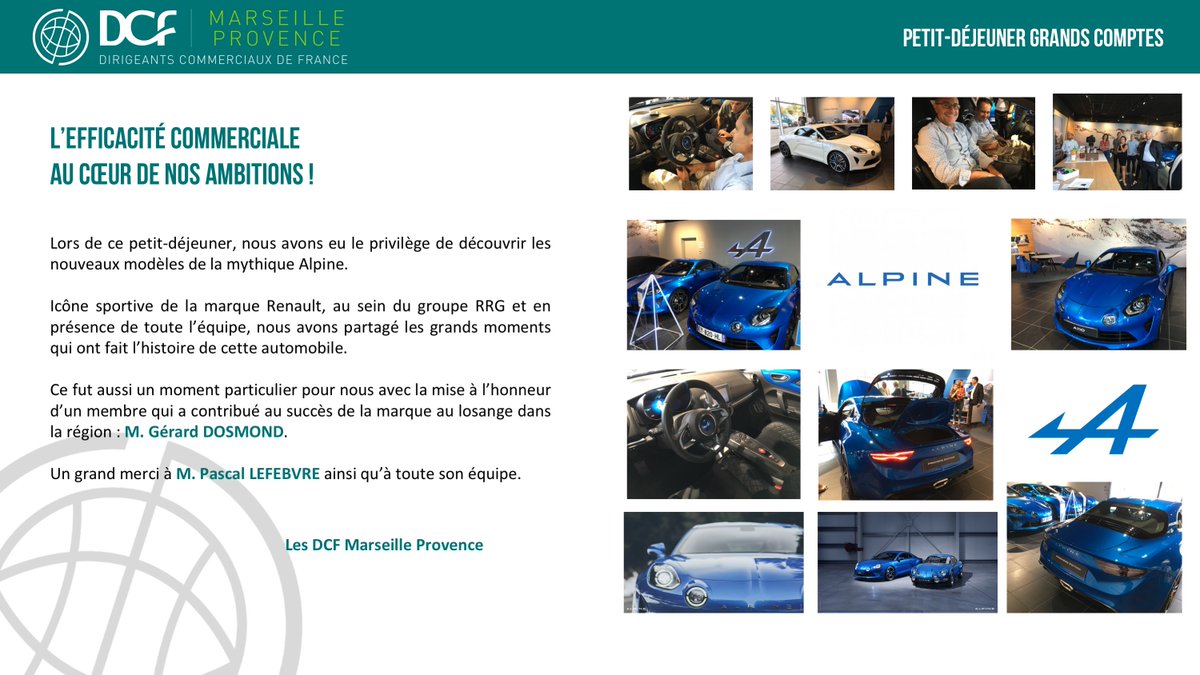 DCFMarseille's tweet photo. Retour sur notre dernier petit-déjeuner grands comptes au sein du show-room @alpine_cars .
Une expérience exceptionnelle retraçant l'histoire du modèle mythique de @renault_fr Merci à toute l'équipe @RRG_fr
#DCF #IntelligenceCommerciale https://t.co/6QPZTdJQAg