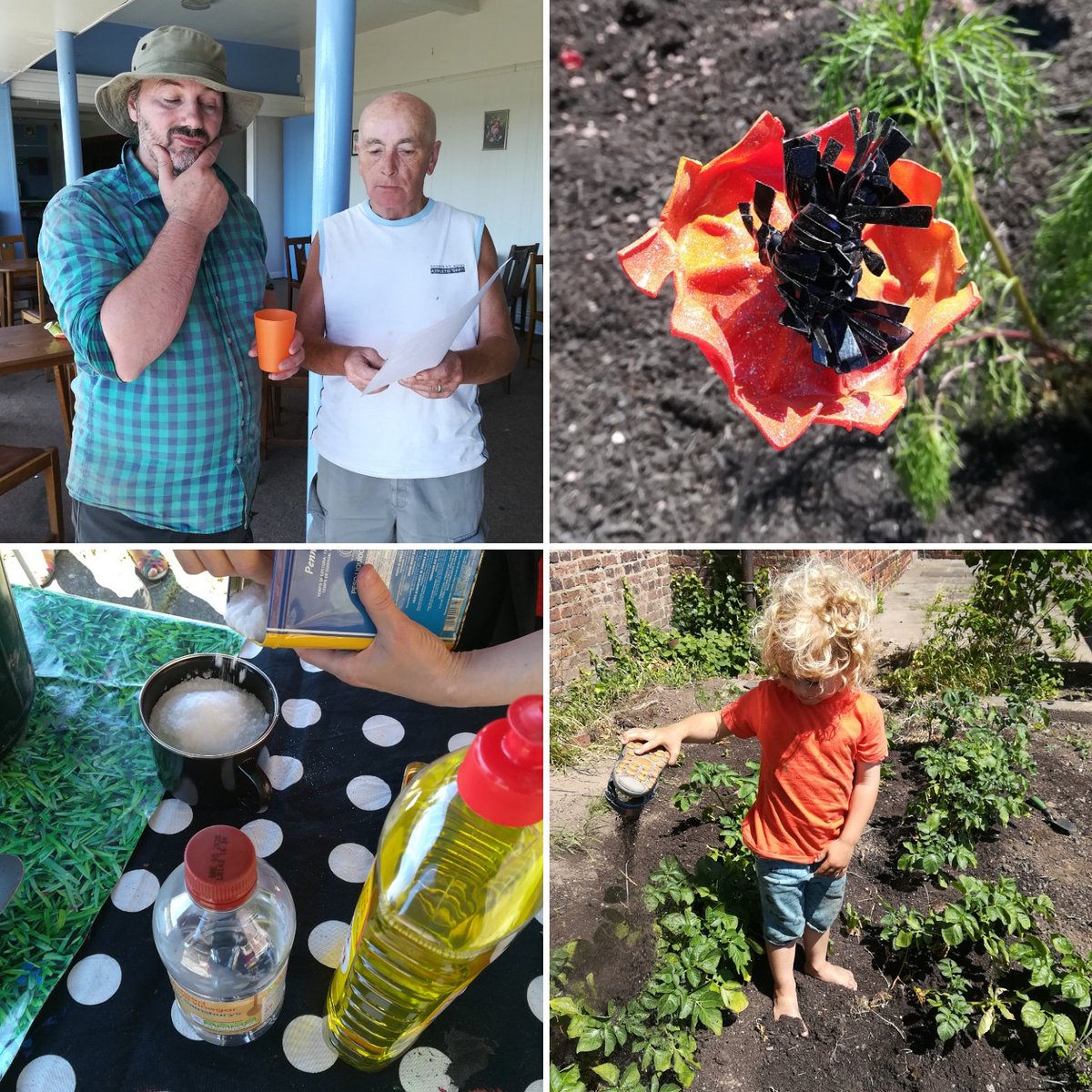 grow_outside's tweet photo. Recycled bottle flowers, eco-friendly weedkiller, a novel way to earth-up potatoes, and working out measurements for our new raised trough planter. Just another sunny day in the Gresley Old Hall community garden. #gresleyoldhall #communitygarden #socent #troughplanter #earthup https://t.co/z64QyECCvQ
