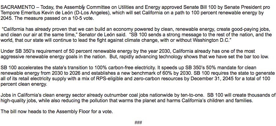 As my bill #SB100 now advances to the Assembly floor, we’re closer than ever to unlocking a clean-energy economy that delivers clear air, clean water, and dynamic job growth throughout the entire state. CA will lead the fight against climate change, with or without Washington DC.