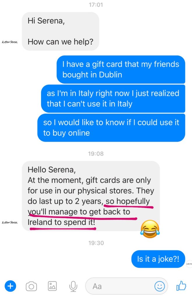 SereSarno's tweet photo. So...should I plan a trip for a shopping session at #andotherstories ?!
#machedavero #crm #Marketing #DigitalMarketing #socialfail #EpicFail https://t.co/OSEHP2DDfX