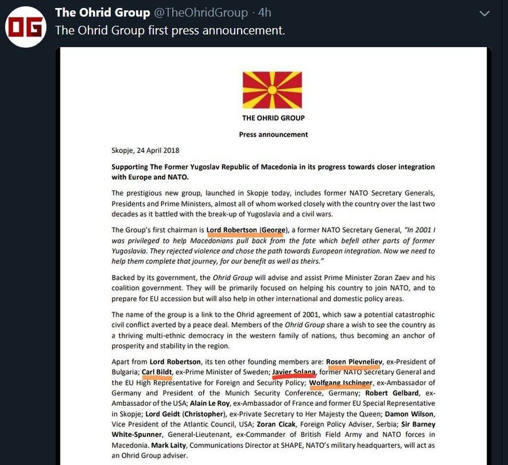 gemidzija_aliex's tweet image. In April 2018 was formed #TheOhridGroup. Group of “friends“ that will “help“ Macedonia🇲🇰. Major part of their members such as #CarlBildt, #LordRobertson, #JavierSolana are council members of #ECFR another #Soros funded think tank.  

#SorosPuppet
#SorosCollusion

(5)