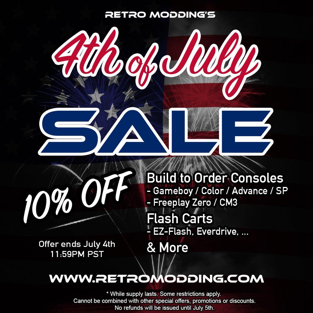 RetroModdingCom's tweet photo. ๐บ๐ฒ๐ Happy 4th of July American friends! We are offering 10% off all our custom built consoles (#gameboy, #gameboycolor, #gameboyadvance, #gameboyadvancesp, #freeplayzero, #freeplaycm3) and flash carts (Everdrive, Ez-Flash, etc) and more. Offer valid for one day only, hurry ๐ https://t.co/wmTn3d6q5D