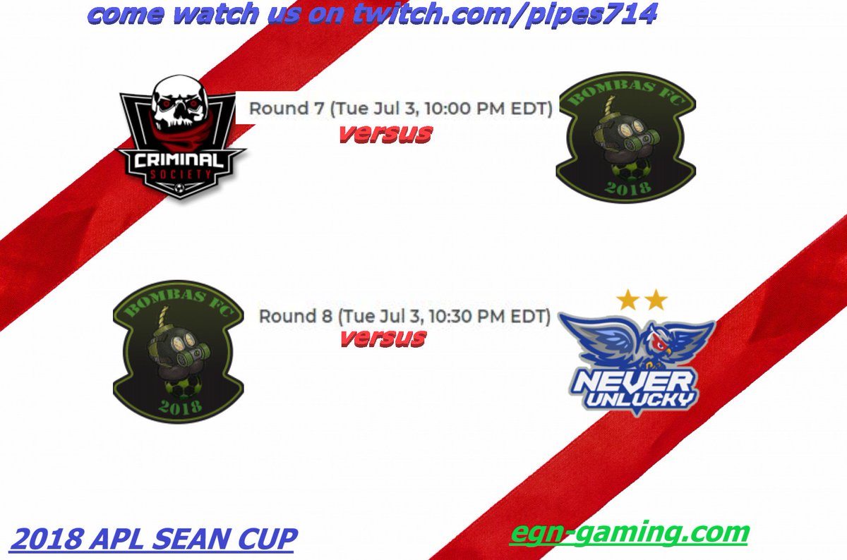 FcBombas's tweet photo. COME WATCH US AS WE CONTINUE OUR BID TO QUALIFY FOR THE NEXT ROUND OF THE 2018 APL SEAN CUP @EGN_Gaming 

GAMES START @ 10PM EST/7PM PST PM AGAINST @CSocietyEsports 
SECOND GAME WILL BE AGAINST THE DEFENDING D1 CHAMPS @FCNeverUnlucky @ 10:30PM EST/7:30PM PST

#11V11
#FIFA18 https://t.co/88Z5DV8JHs