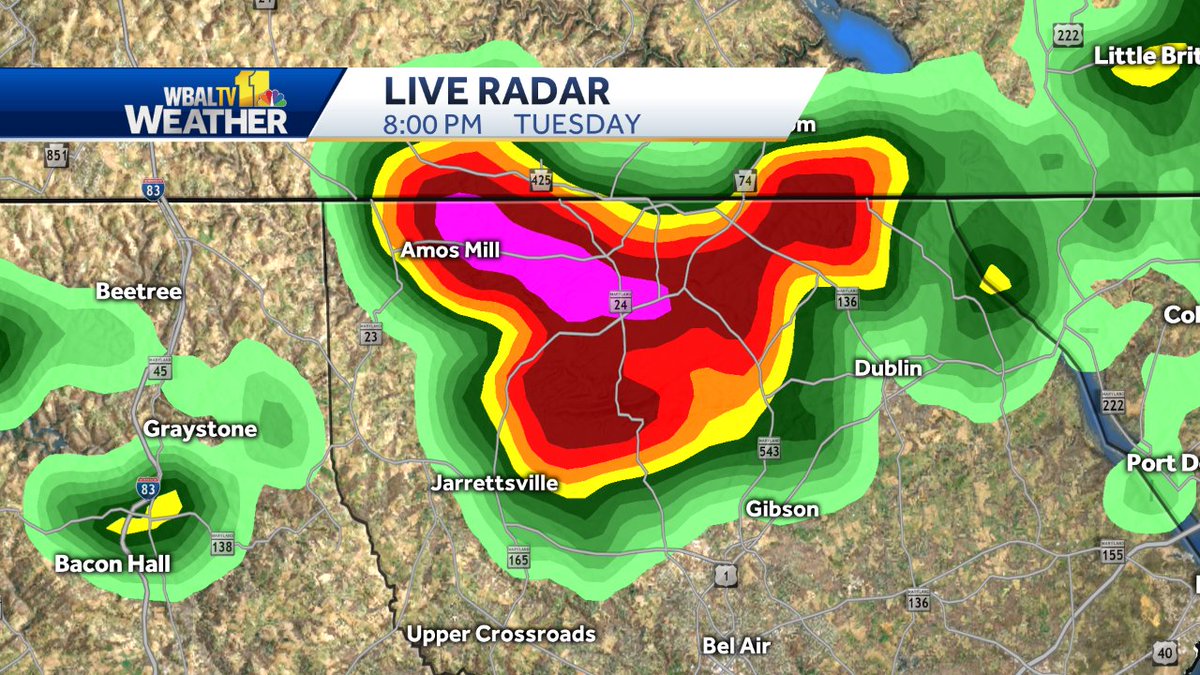 TonyPannWBAL's tweet photo. Storm in Harford County has really intensified. Could be some hail, gusts over 60 MPH and very heavy rain over the next hour. It's nearly stationary. #BigStorms https://t.co/CUkvP0qYN8