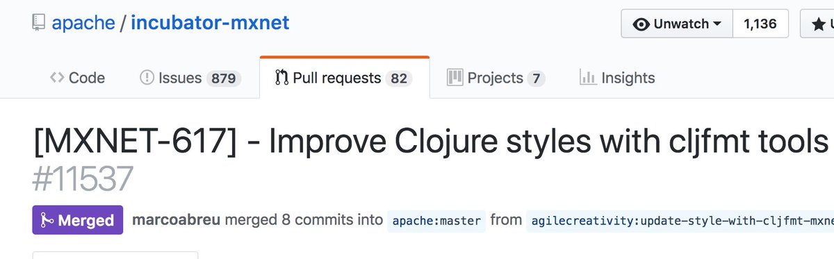 agilecreativity's tweet image. Super excited to see my small contribution to #ApacheMXNet got accepted.
This make contribution to the project easier for all. You can help contribute the project using editor of your choice. Big thanks to @weavejester for creating cljfmt  tool to make it easier for all.