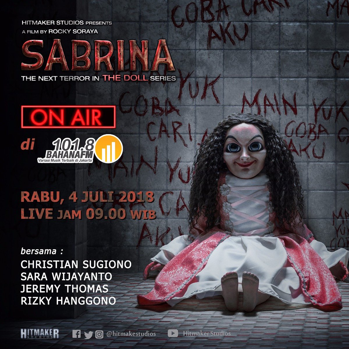 HitMakeStudios's tweet photo. Selamat pagiii!
Jangan lupa nyalain radio kamu dan dengerin @bahanafmjkt 101.8 FM karena bakal ada boneka Sabrina, @SaraWijayanto, @csugiono, @jeremythomasjt & @rizky_hanggono ON AIR di #TikaUdjoOnBahanaFM 📻🙌
.
.
#sabrinathemovie #comingsoon #12juli2018 #BODJO #BahanaFM https://t.co/edtJ2UqAsT