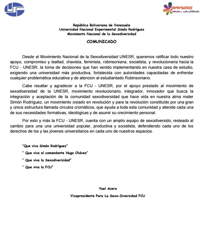 Comunicado 03/07/2018, Movimiento Nacional de la Sexodiversidad en total apoyo a las acciones tomadas por la <a href="/unesrfcu2017/">UnesrFcu2017</a> en busca de una transformación universitaria. <a href="/hugbelpsuv/">Hugbel Roa</a> <a href="/NicolasMaduro/">Nicolás Maduro</a> @Mppeuct <a href="/kennedymorales9/">🤨📸</a> 
#UnesrRevoluciónDentroDeLaRevolución