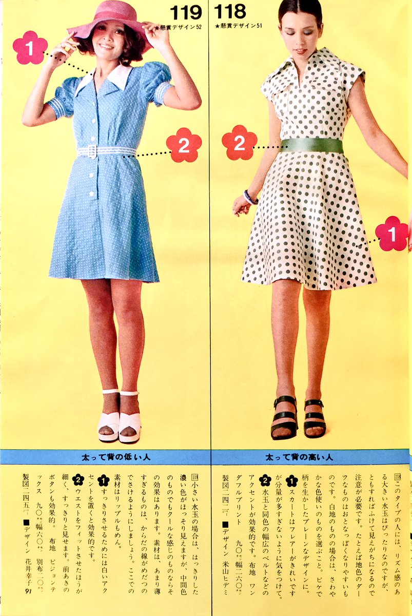 雑貨奥様 講談社 昭和47年 若い女性 7月号より 特別企画 体型別 ほっそり見せる柄別通勤用ワンピース26 の続き えーと 私ぽっちゃりしていてお腹も気になる やや背の低いおばちゃんですが どれを着ればよいですか 笑 昭和レトロ 通勤