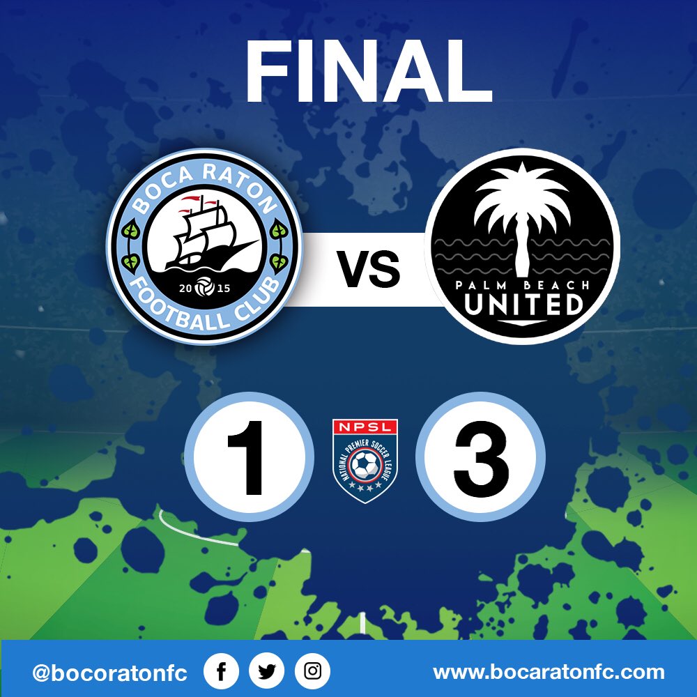 BocaRatonFC's tweet photo. Final score here at #TheShipyard. Your boys in blue fall to #PalmBeachUnited 3-1 in the final home game of the season. Boca now travels to #Miami to face @themiamifc on Saturday. #bocanation #bocaratonfc #letsgoboca #brfc #npsl https://t.co/x64tsUv4NZ