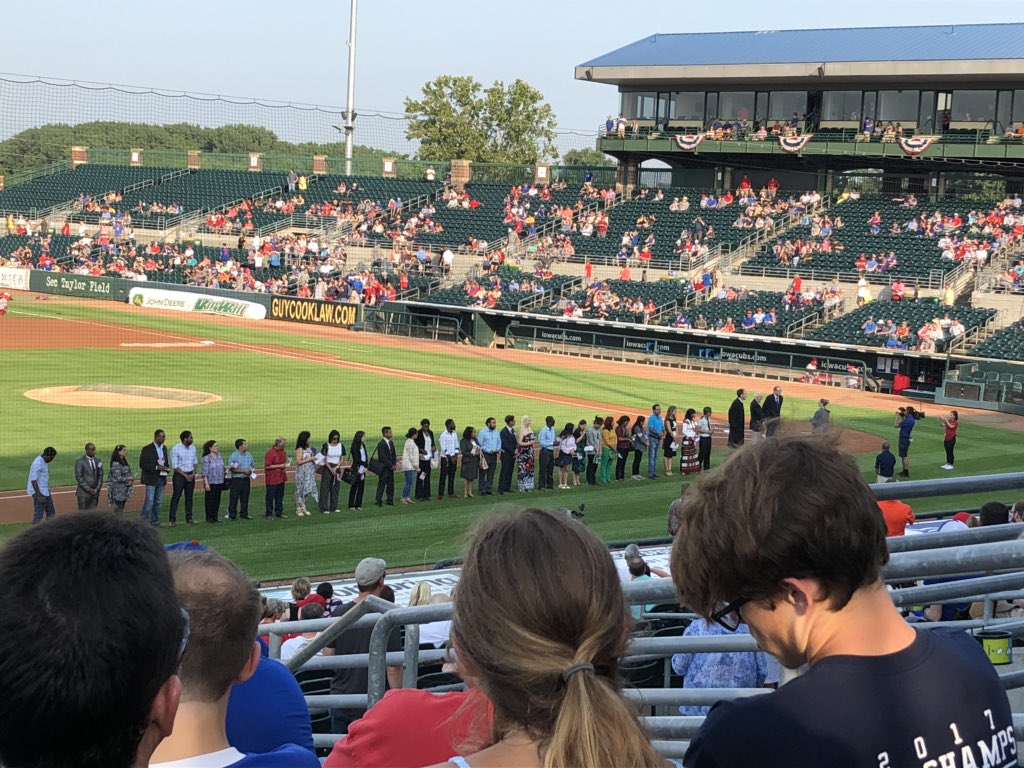 Right before our eyes, these fine folks became American citizens at tonight’s <a href="/IowaCubs/">Iowa Cubs</a> game. So happy for them. So happy for America. #Welcome